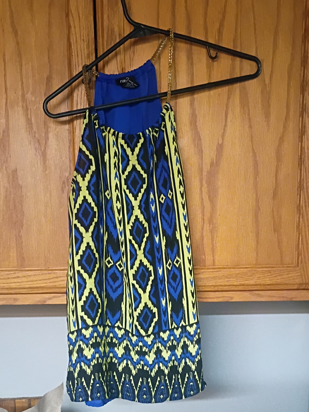 RUE 21 SZ M Blue & Neon Yellow Geometric Halter Dress with Chain Straps